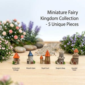 Puede incluir: Un conjunto de cinco piezas de reino de hadas en miniatura, cada una con un diseño único de castillo o torre. La colección incluye Enchanted Cottage, Wizard's Spire, Royal Court, Dragon's Keep y Guarded Tower. El texto dice "Miniature Fairy Kingdom Collection - 5 Unique Pieces."