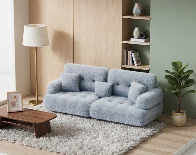 Dollhouse Sofa Miniature Light Blue Gray Flocked Couch, Modern Doll house Living Room Furniture