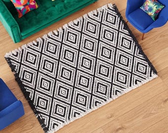 Miniature Dollhouse Rug, Black White Woven Mat, Doll house Geometric Modern Checkerboard Diamond Carpet