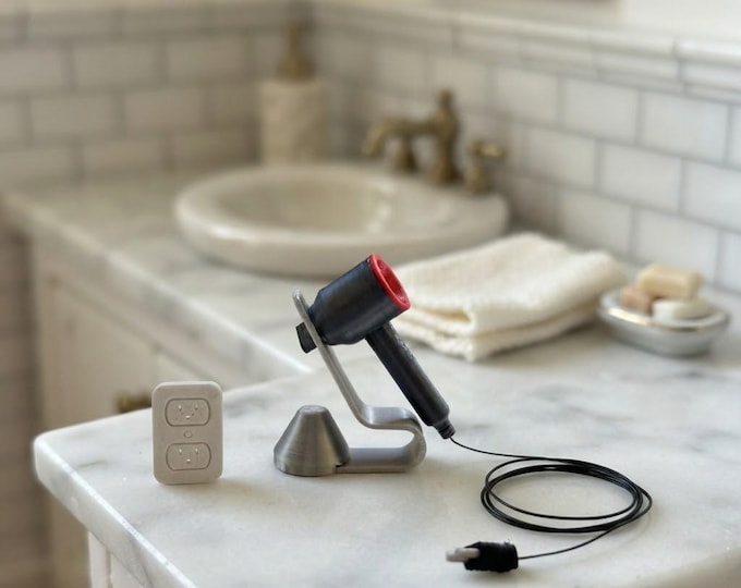 Miniature Hair Dryer with Stand & Wall Outlet, Dollhouse Bathroom Accessory, Beauty Salon Prop