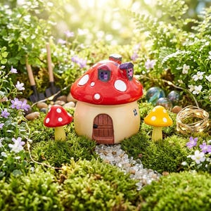 May include: A mushroom-shaped house with a red cap featuring white spots, a beige base, and a brown door. Two smaller mushroom figurines, one red and one yellow, sit nearby. A path of small clear stones leads to the door of the central house.