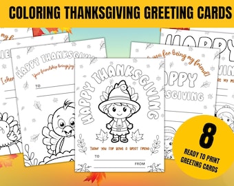 Thanksgiving Coloring Greeting Cards Set - Printable Personalized Gift for Kids - Ready to print digital product