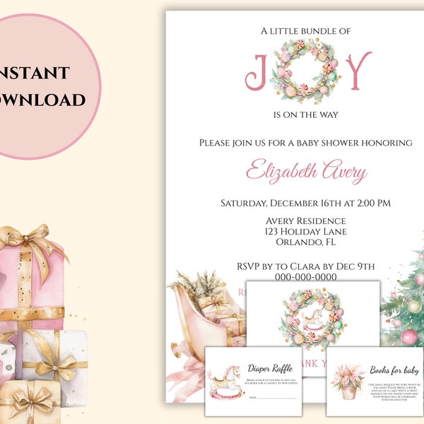 Pink Bundle Of Joy Baby Shower Invitation Set - Digital - Editable