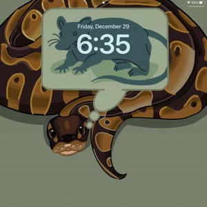 以下が含まれることがあります： 考え事の吹き出しの中に白黒のネズミのイラストが描かれたデジタル時計。時計は6:35を示し、日付は12月29日金曜日。背景は緑色です。