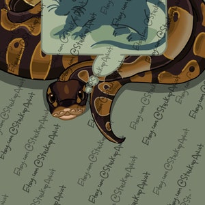 May include: A brown and black snake with a light brown head and a white spot on its neck. The snake is curled up in a circle and has a thought bubble above its head. The thought bubble is filled with a dark blue silhouette of a rat.