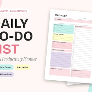 Könnte beinhalten: Eine tägliche To-Do-Listen-Vorlage mit pastellfarbenen Abschnitten für Prioritäten, Termine und Ziele. Das Dokument enthält Überschriften wie TO-DO LIST, GET DONE TODAY und PHONE CALLS TO MAKE sowie Kontrollkästchen zum Abhaken der Aufgaben.