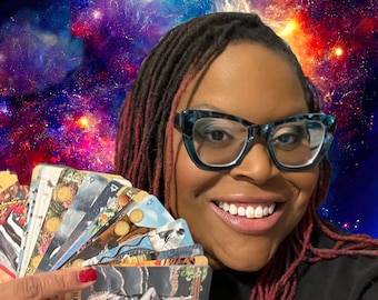 May include: A person holding a deck of tarot cards, with the text "Tarot Readings: Get the answers you seek" in a black banner. The background is a colorful galaxy. The person is wearing glasses and smiling.