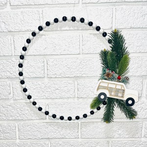 12” White Car with Holiday Greenery,  Black and White Beaded Hoop Wreath