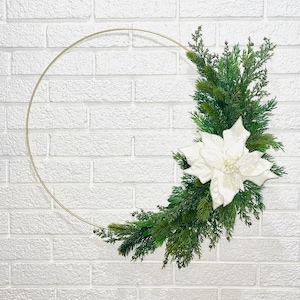 20” White Poinsettia with Winter Greenery Hoop Wreath