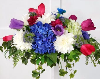 Floral Spring Memorial Saddle - Easter Colours in Hydrangeas, Dahlias and Tulips - Made In Canada
