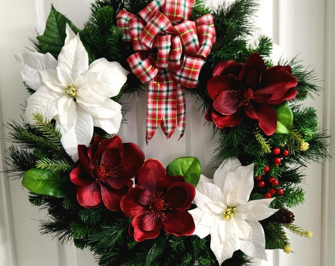 WREATH Winter/Christmas Double Mixed Pine - Magnolias & Poinsettias Wreath - Door Decoration or Memorial- Made In Canada
