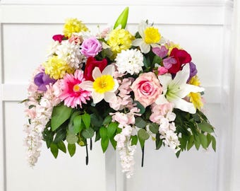 Floral Memorial Saddle – Spring Garden with Pink and Yellow - Made In Canada