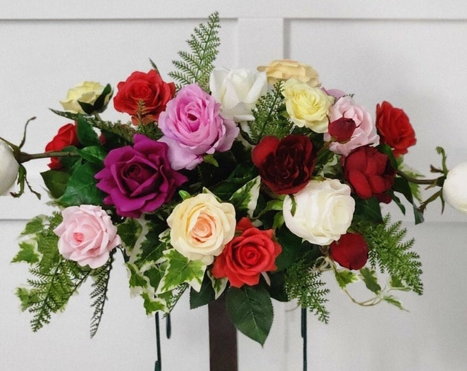 Floral Rose Memorial Saddle: Colorful Spring Cemetery Flowers - Made in Canada