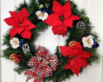 Tartan Christmas Wreath - Handmade Pine, Poinsettias & Berries - Memorial /Door Decoration  -  Made in Canada