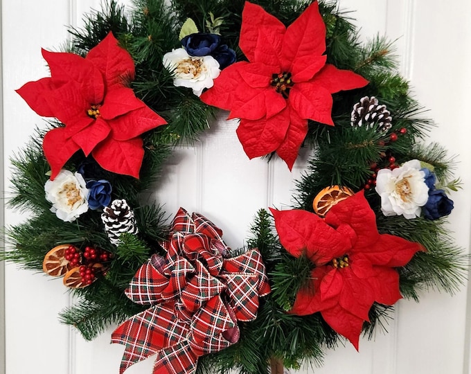 Winter/Christmas Double Mixed Pine - Tartan Christmas Wreath - Memorial or Door Decoration- Made In Canada