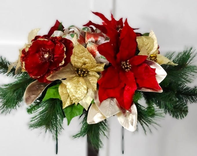 Memorial Winter Floral Saddle -  Gold and Red Poinsettias - Says it All