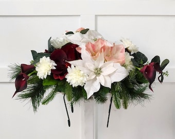 Winter Floral Memorial Saddle – Cream Burgundy Arrangement