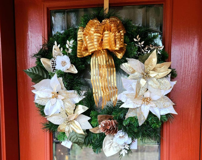 WREATH Winter/Christmas Double Mixed Pine - Magnolias & Poinsettias Wreath - Door Decoration or Memorial- Made In Canada
