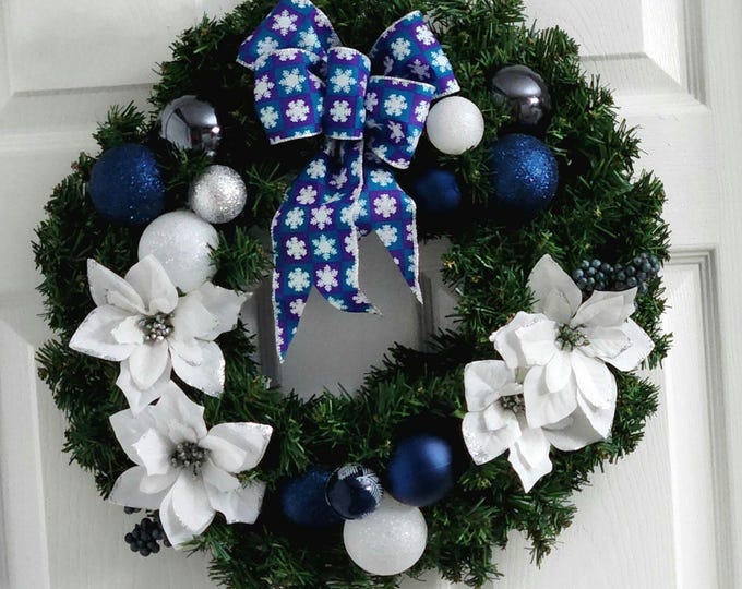 WREATH Winter/Christmas Double Mixed Pine - Blue Christmas Wreath - Door Decoration or Memorial- Made In Canada