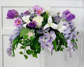 Floral Spring Memorial Saddle - Orchid & Tulips On Purple Passion - Made In Canada