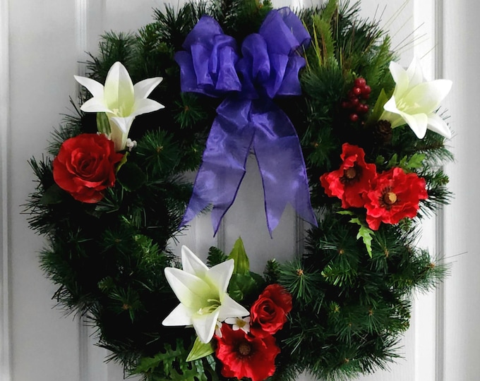 Winter Pine Wreath: Red Poppies, Lilies, Purple Bow - Remembrance Day Memorial