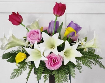 Floral Spring Memorial Saddle - Easter Lilly Bouquet- Made In Canada