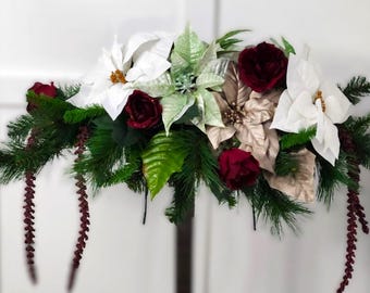 Memorial Winter Floral Saddle -  Poinsettias in White, Mint & Platinum- Made In Canada