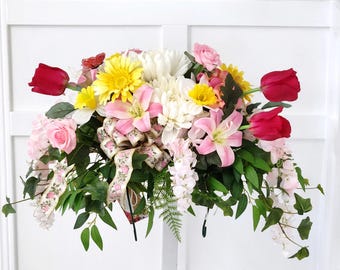 Pink and White Spring Floral Saddle – Roses, Lilies and Tulips, Handmade Ribbon