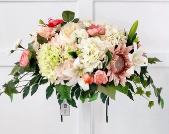 Floral Spring Memorial Saddle - Pretty Pastels of Green, Coral & Pink - Made In Canada