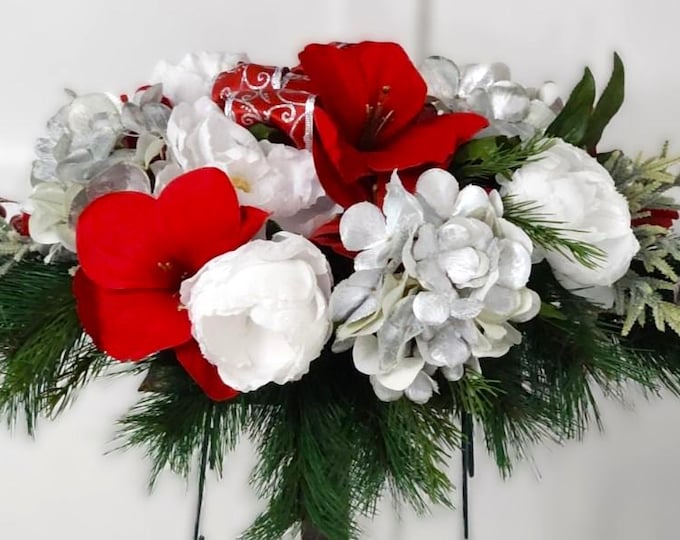 Memorial Winter Floral Saddle -  Hydrangeas, Peonies of Red & Silver- Made In Canada