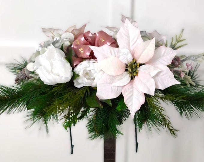 Memorial Winter Floral Saddle -  Pink 'n White Poinsettia- Made In Canada