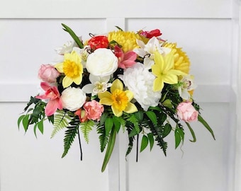 Floral Spring Memorial Saddle - Spring in Coral & Yellow - Made In Canada