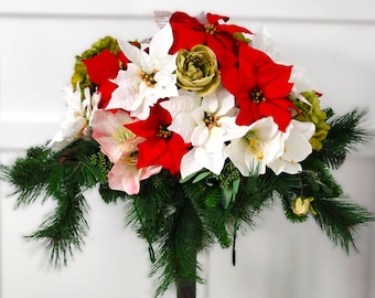 Memorial Winter Floral Saddle -  White, Multi Red/White Amaryllis & Poinsettias- Made In Canada