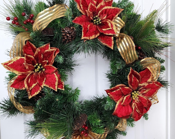 Winter/Christmas Double Mixed Pine -Glitter In Gold & Burgundy Wreath - Memorial or Door Decoration- Made In Canada