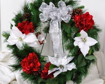 Christmas Pine Wreath: Red, White & Silver Poinsettias, Snowflake Ribbon