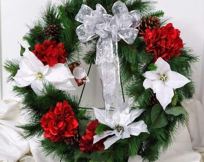 Christmas Pine Wreath: Red, White & Silver Poinsettias, Snowflake Ribbon
