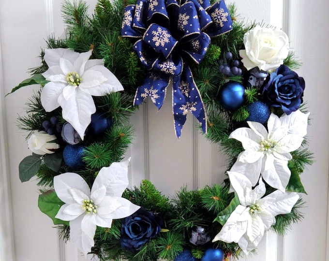 Blue Christmas Wreath: Handmade Pine Wreath with Poinsettias - Made in Canada