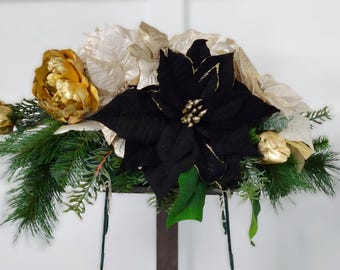 Winter Floral Memorial Saddle: Gold Peonies & Black Poinsettia