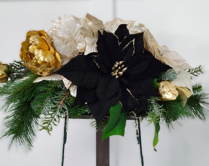 Winter Floral Memorial Saddle: Gold Peonies & Black Poinsettia