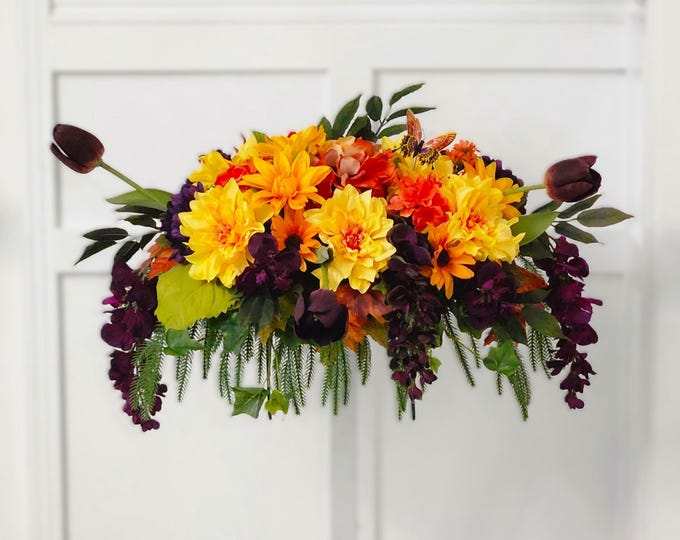 Fall Floral Memorial Saddle: Purple, Orange & Yellow Flowers