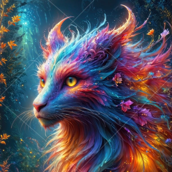 ENCHANTED CAT digital artwork, Fairytale feline high res digital wallpaper, Royalty free fantasy kitty clip art, Commercial use AI graphic