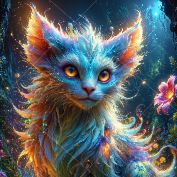 FAIRYTALE CAT digital artwork, 4k fantasy feline printable wall art for childrens room, High res royalty free enchanted creature AI graphic