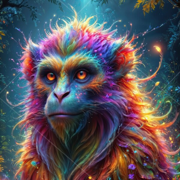 MAGIC MONKEY digital artwork, Fantasy rainbow ape printable wall art, Royalty free fairytale creature clip art, 4k commercial use AI graphic