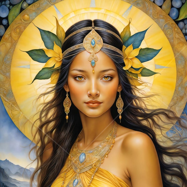 Sun Goddess fantasy artwork, Royalty free divine feminine clipart, 4k magical woman yellow digital wallpaper, HD commercial use AI picture