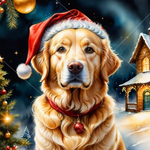 Art de Noël de chien Golden Retriever pour cartes de bricolage, clipart canin de vacances de Noël festif, image haute résolution à usage commercial AI pour les amateurs de chiens
