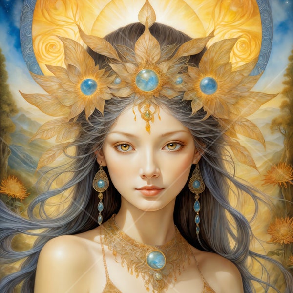 Mystical golden woman artwork, Royalty free fantasy princess clipart, 4k digital magical fairytale maiden wallpaper, Commercial use AI art