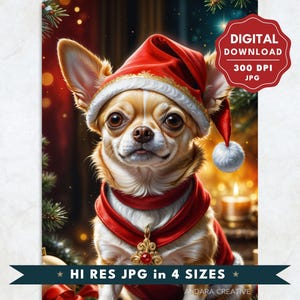 Arte fofa de cartão de Natal de cachorro Chihuahua para confecção de cartões e artesanato, cachorro de brinquedo com chapéu de Papai Noel clipart de Natal, arte de IA de uso comercial de alta resolução