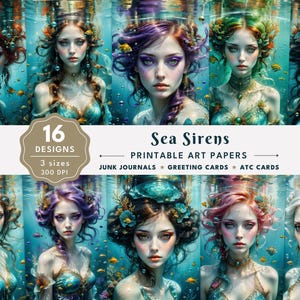 Sea Sirens Junk Journal Seiten & ATC Karten, Mermaidcore digitale Papiere für Scrapbooker, Fantasy Handwerk Printables, hochauflösende JPG + PDF