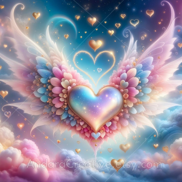 Heavenly love heart stock image, Winged loveheart bg, Valentine's day background, HD abstract graphic, Angelic love 4k wallpaper, AI picture