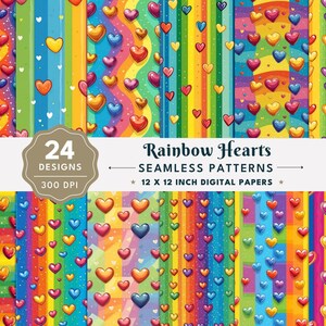 Padrões sem emendas de corações de arco-íris, papéis digitais LGBT loveheart, fundos multicoloridos para artesanato de dia dos namorados, álbuns de recortes e papel de parede, 12x12"